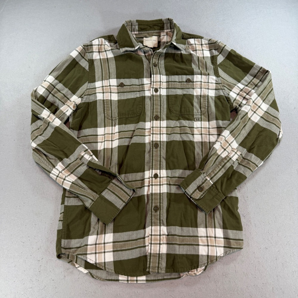 American Eagle Mens Small Green Plaid Flannel Button Down Shirt Long Sleeve